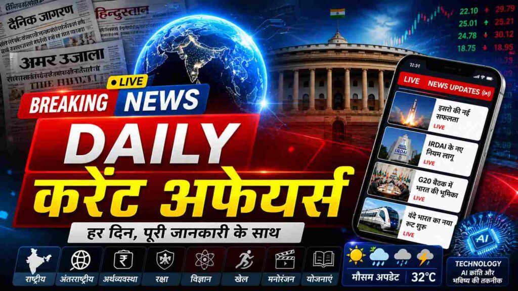 Daily Current Affairs 2026 आज के टॉप 20 करेंट अफेयर्स, सभी महत्वपूर्ण खबरें एक नजर में (AI Image)
